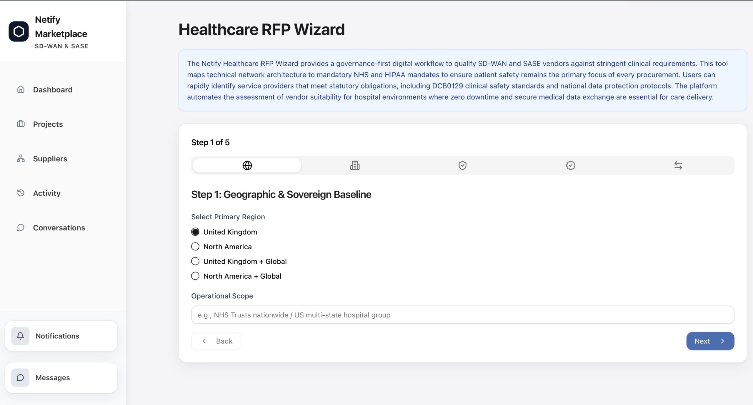 Netify RFP Builder showing the Healthcare RFP Wizard
