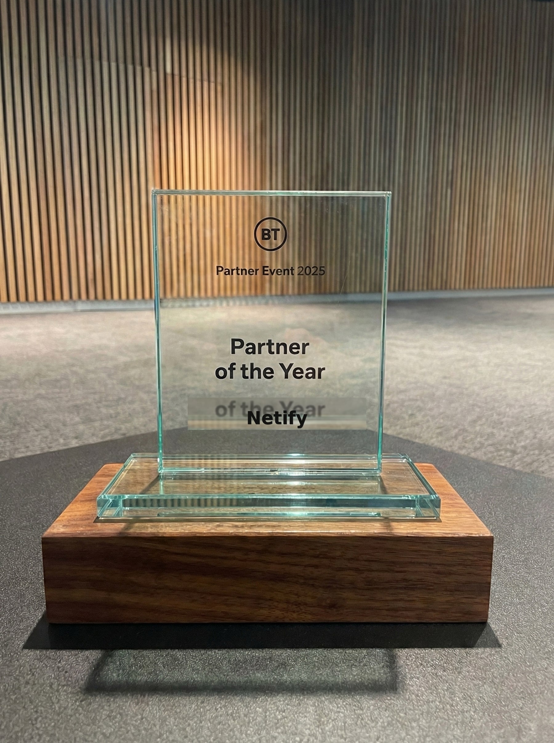BT Partner Event 2025 glass award engraved Partner of the Year, Netify